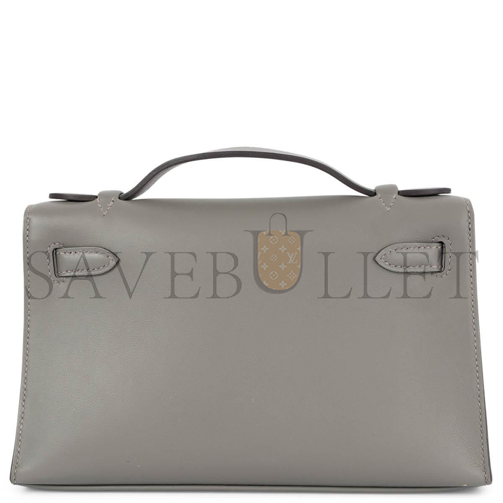 HERMÈS MASTER GRIS MEYER GRAY SWIFT LEATHER KELLY POCHETTE CLUTCH BAG W GOLD (22*14*7cm) 